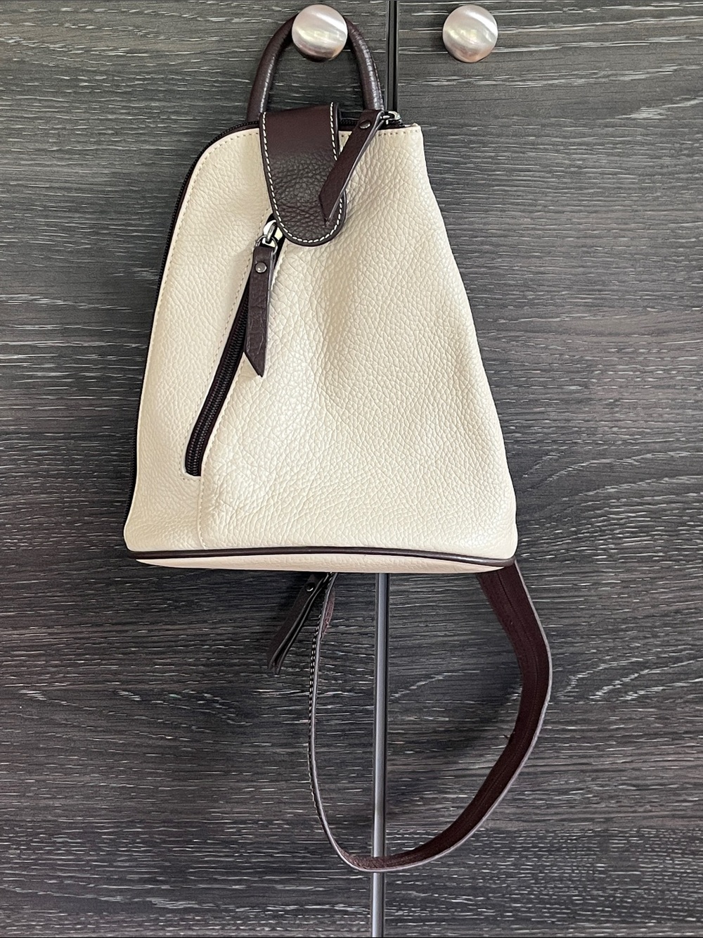 Vera Pelle Cream & Dark Brown Pebbled Leather Sling or Backpack Bag
